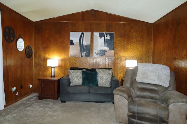 212 E Kearney St, Mesquite, TX 75149 - living area featuring wooden walls, carpet flooring, and vaulted ceiling