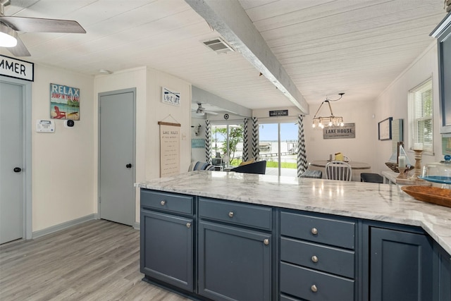 166 Ocean Dr, Gun Barrel City, TX 75156 - kitchen with a ceiling fan, a peninsula, a wooden ceiling with exposed beams, light wood-style flooring, and open floor plan