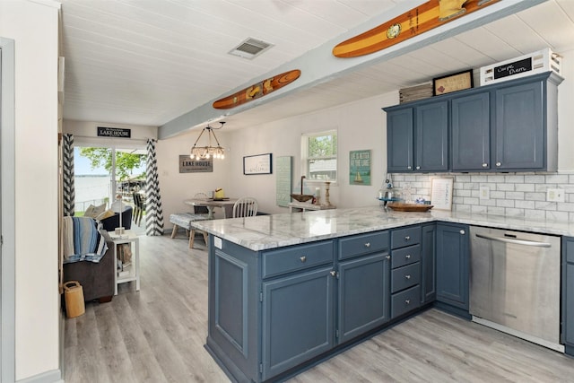 166 Ocean Dr, Gun Barrel City, TX 75156 - kitchen with stainless steel dishwasher, a peninsula, blue cabinetry, light wood-style flooring, and tasteful backsplash