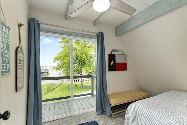 166 Ocean Dr, Gun Barrel City, TX 75156 - bedroom with beamed ceiling, a water view, and carpet