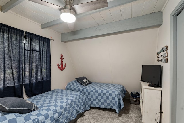 166 Ocean Dr, Gun Barrel City, TX 75156 - carpeted bedroom featuring beam ceiling and a ceiling fan