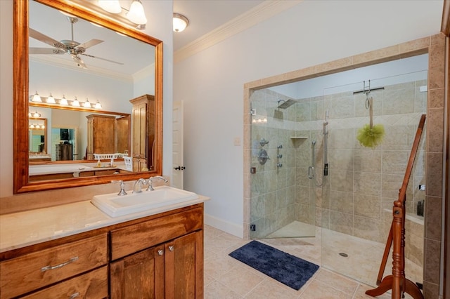 121 Big Jake Ct, Weatherford, TX 76088 - full bathroom featuring ornamental molding, a shower stall, vanity, ceiling fan, and tile patterned flooring