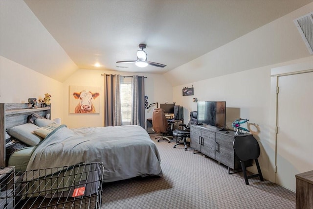 121 Big Jake Ct, Weatherford, TX 76088 - bedroom featuring vaulted ceiling, carpet floors, an office area, and ceiling fan