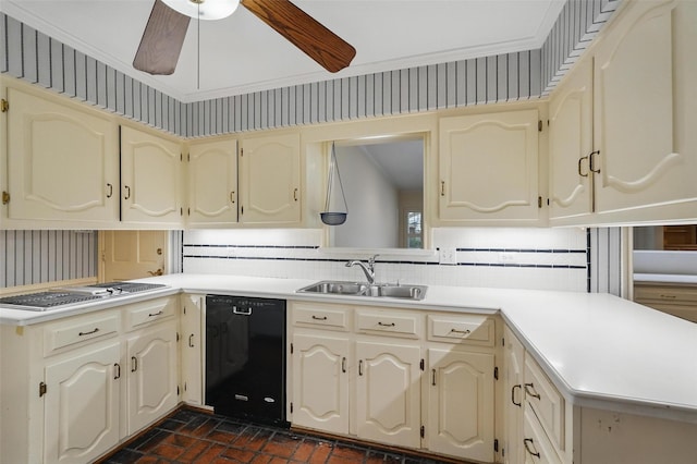 6 Shenandoah Pl, Richardson, TX 75080 - kitchen with dishwasher, brick flooring, a sink, stovetop with downdraft, and ceiling fan