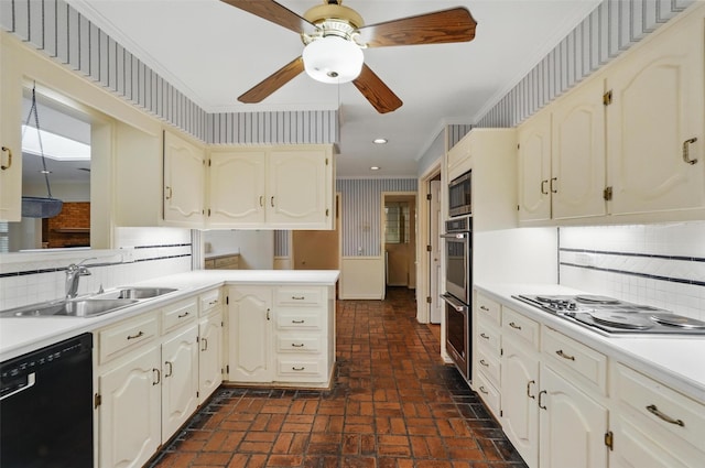 6 Shenandoah Pl, Richardson, TX 75080 - kitchen featuring black appliances, a sink, crown molding, brick floors, and tasteful backsplash