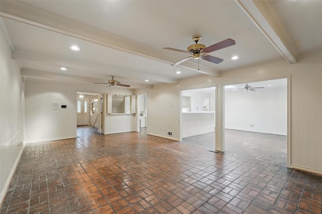6 Shenandoah Pl, Richardson, TX 75080 - unfurnished living room with brick patterned flooring, baseboards, ceiling fan, beam ceiling, and recessed lighting