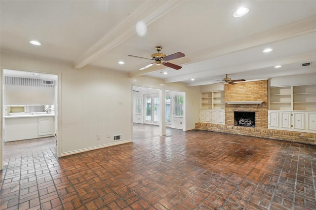 6 Shenandoah Pl, Richardson, TX 75080 - unfurnished living room featuring beamed ceiling, a ceiling fan, baseboards, brick patterned flooring, and recessed lighting
