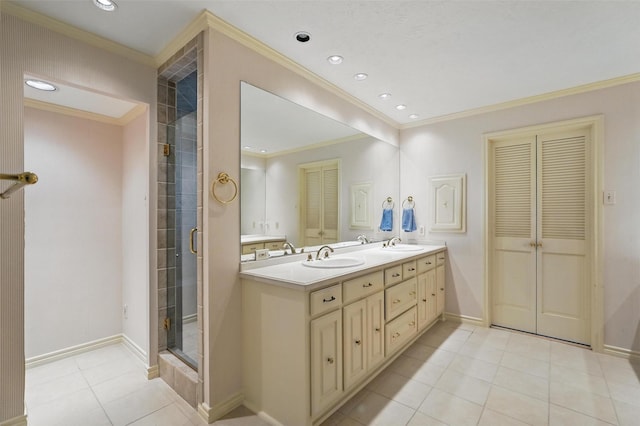 6 Shenandoah Pl, Richardson, TX 75080 - full bathroom featuring double vanity, a stall shower, tile patterned floors, crown molding, and baseboards