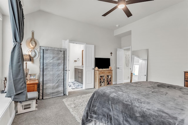 4444 Blue Mist Dr, Fort Worth, TX 76036 - bedroom with carpet flooring, lofted ceiling, ensuite bath, and ceiling fan