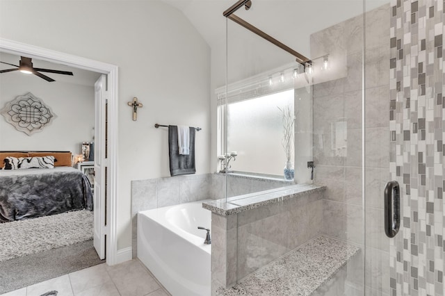 4444 Blue Mist Dr, Fort Worth, TX 76036 - full bath with connected bathroom, a bath, a stall shower, tile patterned floors, and lofted ceiling