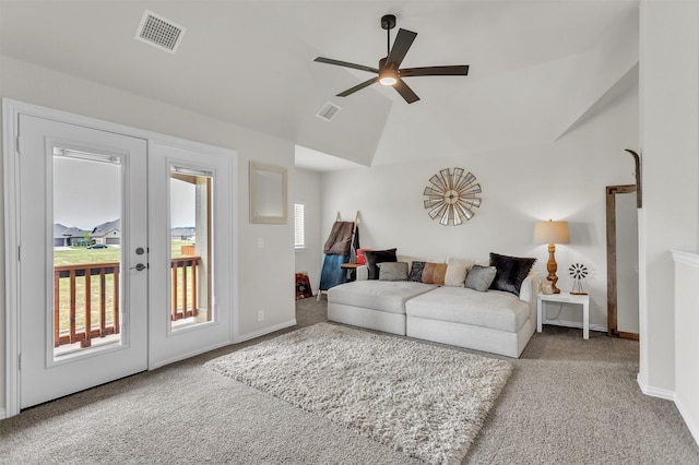 4444 Blue Mist Dr, Fort Worth, TX 76036 - living room with carpet flooring, vaulted ceiling, ceiling fan, french doors, and baseboards