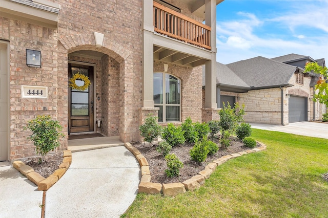 4444 Blue Mist Dr, Fort Worth, TX 76036 - view of exterior entry featuring brick siding, a garage, a lawn, concrete driveway, and a balcony