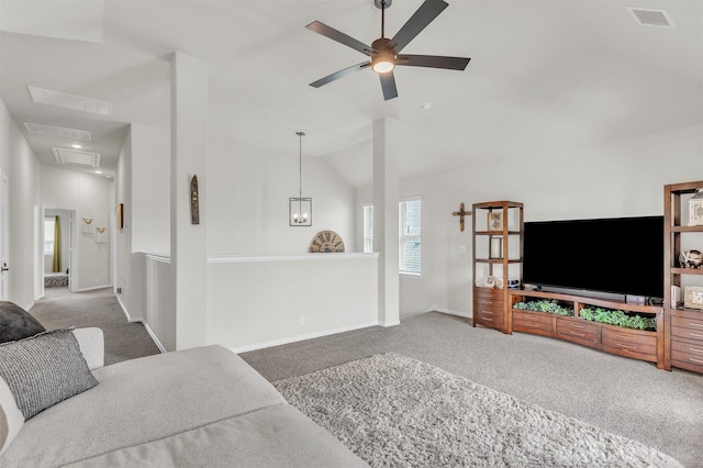 4444 Blue Mist Dr, Fort Worth, TX 76036 - living area featuring carpet, vaulted ceiling, attic access, a ceiling fan, and baseboards