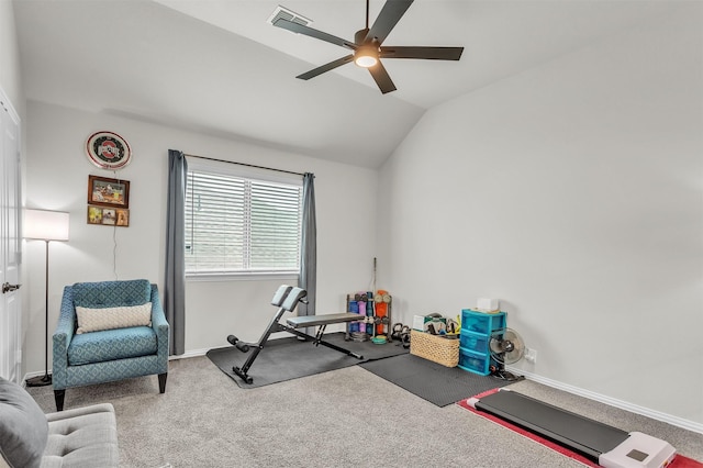4444 Blue Mist Dr, Fort Worth, TX 76036 - workout area featuring ceiling fan, carpet flooring, vaulted ceiling, and baseboards