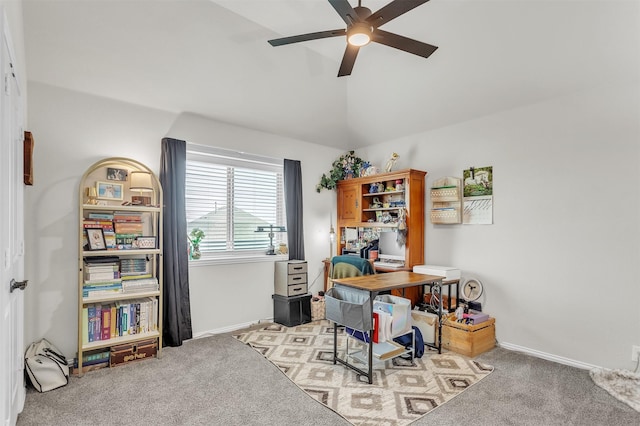 4444 Blue Mist Dr, Fort Worth, TX 76036 - office with light carpet, ceiling fan, lofted ceiling, and baseboards