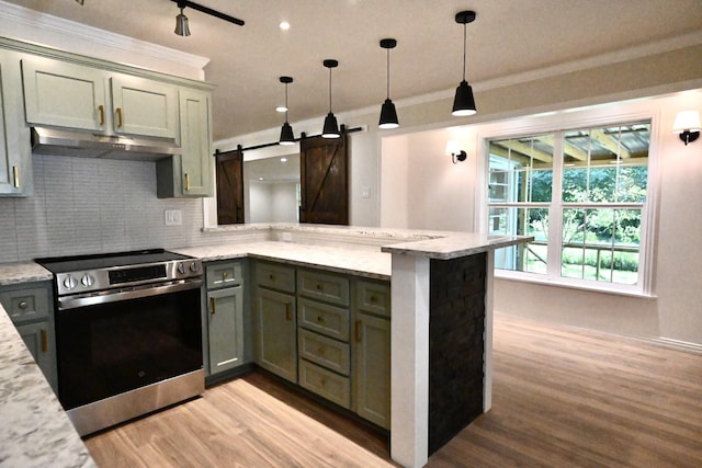 220 Seabreeze Dr, Gun Barrel City, TX 75156 - kitchen with stainless steel range with electric stovetop, under cabinet range hood, light wood-type flooring, a peninsula, and backsplash