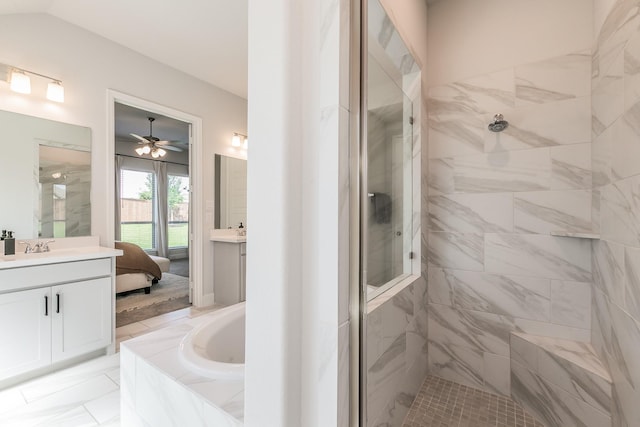 1704 Cypress Gap Trl, Mansfield, TX 76063 - ensuite bathroom featuring a stall shower, a garden tub, ceiling fan, and vanity