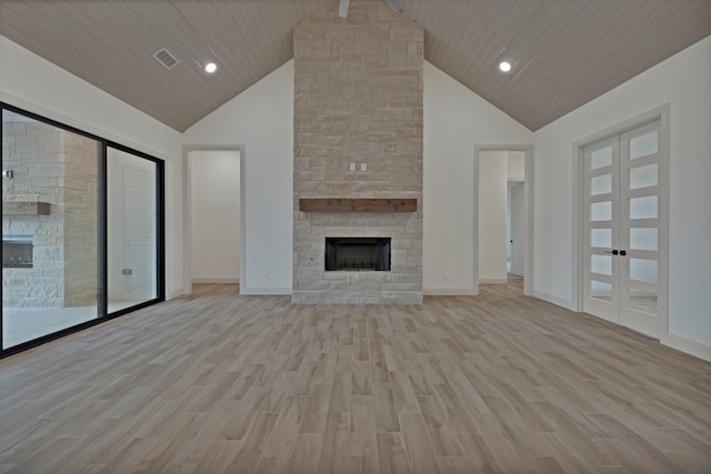 2113 Dicey Rd, Weatherford, TX 76085 - unfurnished living room with a fireplace, high vaulted ceiling, baseboards, light wood-type flooring, and wood ceiling