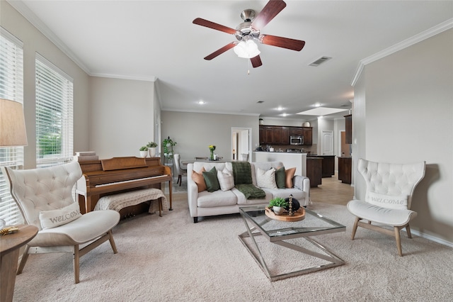 13165 Red Robin Dr, Fort Worth, TX 76244 - living room with ornamental molding, ceiling fan, light carpet, baseboards, and recessed lighting