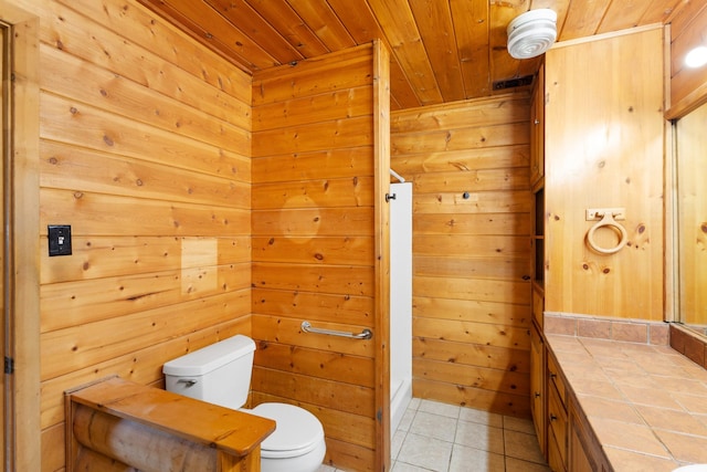 201 Cemetery Rd, Boyd, TX 76023 - bathroom featuring wooden ceiling, tile patterned flooring, wood walls, and vanity
