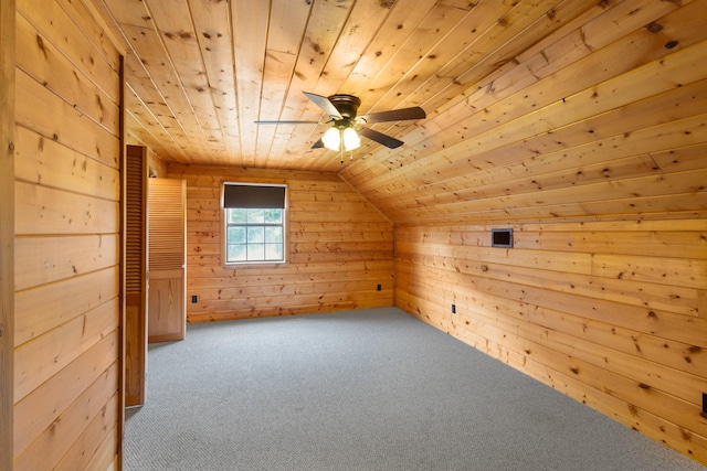 201 Cemetery Rd, Boyd, TX 76023 - additional living space featuring wooden walls, wood ceiling, carpet flooring, a ceiling fan, and lofted ceiling