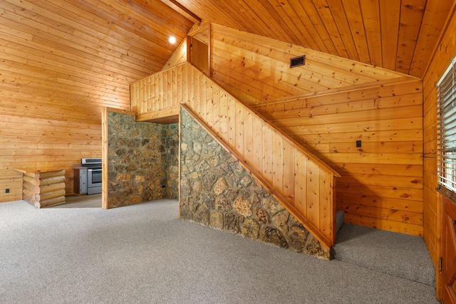 201 Cemetery Rd, Boyd, TX 76023 - bonus room featuring wood ceiling, wood walls, carpet flooring, and vaulted ceiling