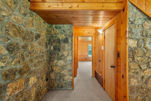 201 Cemetery Rd, Boyd, TX 76023 - corridor featuring wooden ceiling, carpet floors, and wooden walls