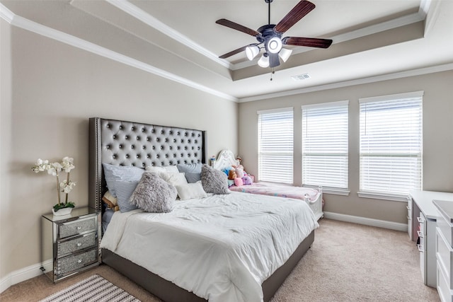 6829 Fire Dance Dr, Benbrook, TX 76126 - bedroom featuring a raised ceiling, light carpet, multiple windows, crown molding, and baseboards