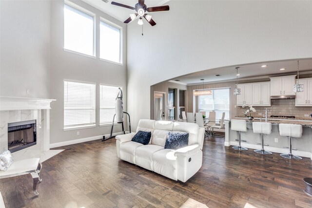 6829 Fire Dance Dr, Benbrook, TX 76126 - living area featuring ceiling fan, a high ceiling, dark wood-style floors, a premium fireplace, and baseboards