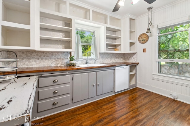 400 Riverside Blvd, Abilene, TX 79605 - kitchen featuring dishwasher, gray cabinetry, open shelves, a sink, and tasteful backsplash