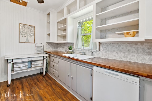 400 Riverside Blvd, Abilene, TX 79605 - kitchen featuring dishwasher, open shelves, a sink, wood counters, and crown molding