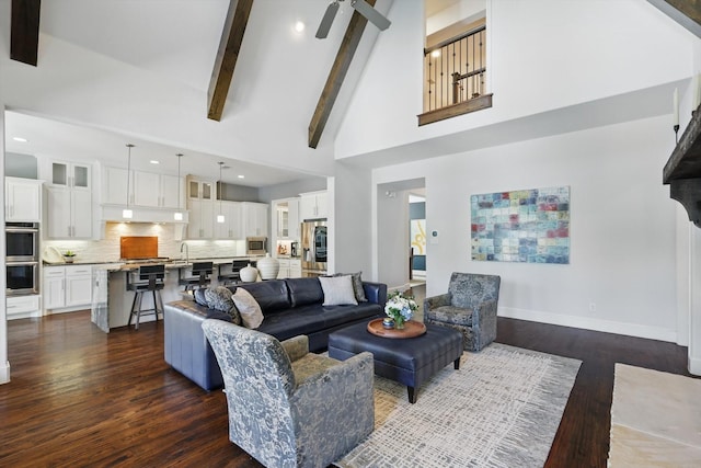 1000 Hazel Dr, Lantana, TX 76226 - living room featuring dark wood-type flooring, high vaulted ceiling, baseboards, beam ceiling, and recessed lighting