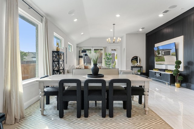 3925 Fairmount Ct, Sachse, TX 75048 - dining area featuring a chandelier, lofted ceiling, and recessed lighting