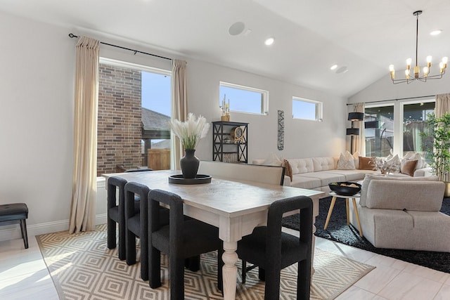 3925 Fairmount Ct, Sachse, TX 75048 - dining area featuring a chandelier, recessed lighting, vaulted ceiling, and baseboards
