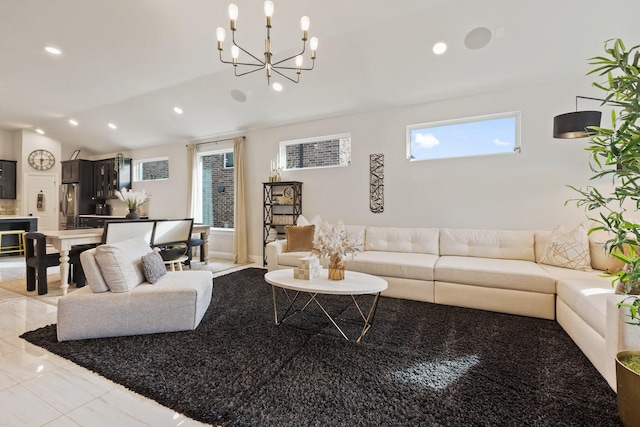 3925 Fairmount Ct, Sachse, TX 75048 - living room with a chandelier, recessed lighting, lofted ceiling, and light tile patterned flooring