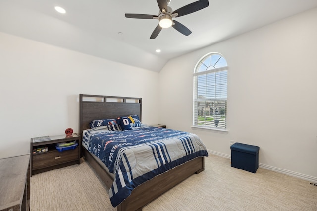 2004 Creekridge Dr, Lewisville, TX 75010 - carpeted bedroom with lofted ceiling, baseboards, recessed lighting, and ceiling fan
