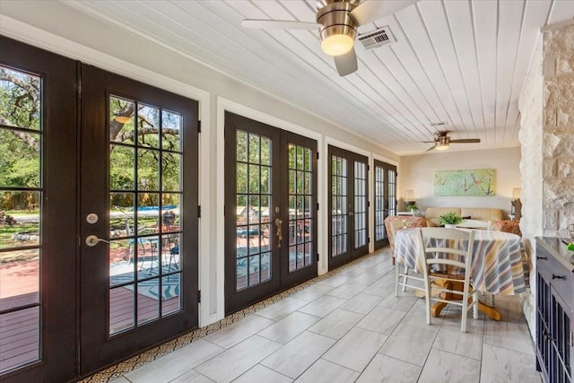 3227 Macarthur Dr, Waco, TX 76708 - doorway to outside featuring french doors, ceiling fan, and wood ceiling