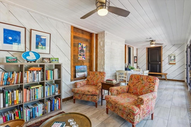 3227 Macarthur Dr, Waco, TX 76708 - living area with wooden walls, a ceiling fan, and wood ceiling