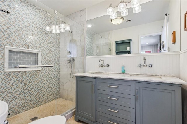 3227 Macarthur Dr, Waco, TX 76708 - bathroom with a shower stall, double vanity, and a chandelier
