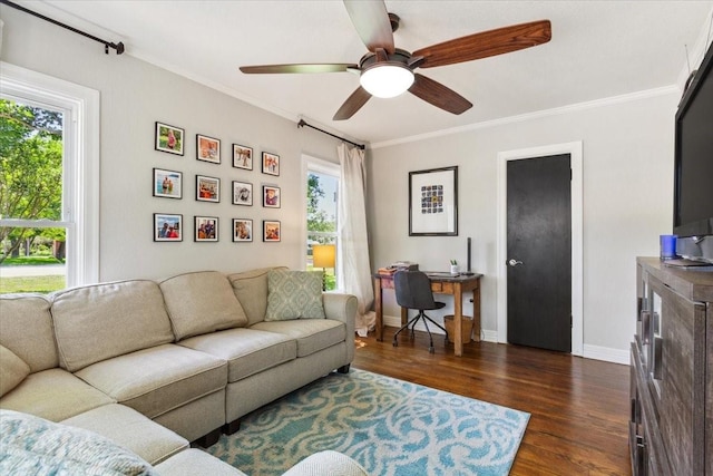 3227 Macarthur Dr, Waco, TX 76708 - living room with crown molding, dark wood-style floors, ceiling fan, and baseboards
