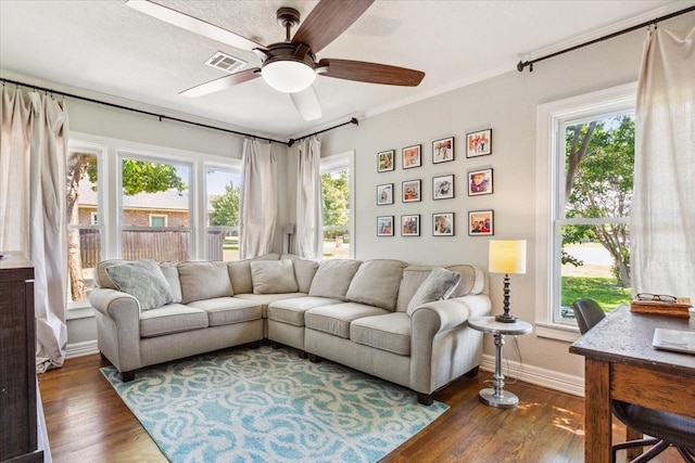 3227 Macarthur Dr, Waco, TX 76708 - living room with baseboards, wood finished floors, a ceiling fan, plenty of natural light, and crown molding