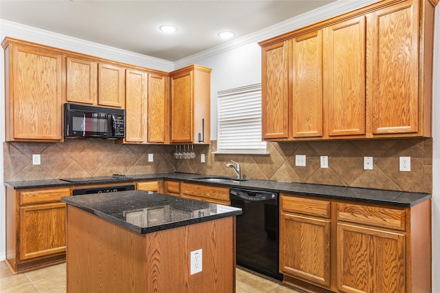 3737 Monica Ln, Fort Worth, TX 76244 - kitchen with black appliances, a sink, light tile patterned floors, a kitchen island, and ornamental molding