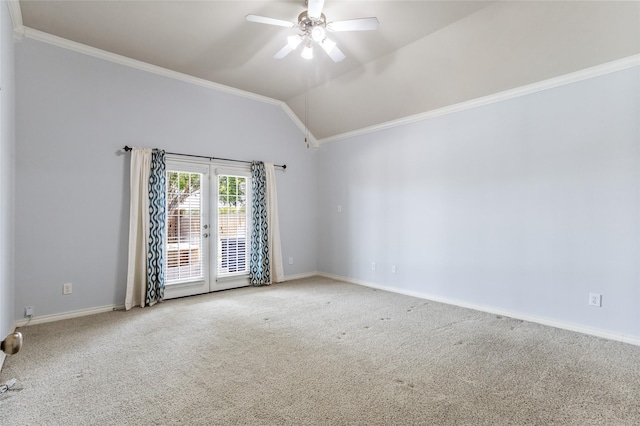 3737 Monica Ln, Fort Worth, TX 76244 - spare room with carpet floors, ornamental molding, baseboards, ceiling fan, and vaulted ceiling