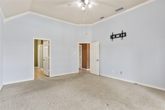 3737 Monica Ln, Fort Worth, TX 76244 - spare room with carpet flooring, a ceiling fan, crown molding, baseboards, and high vaulted ceiling