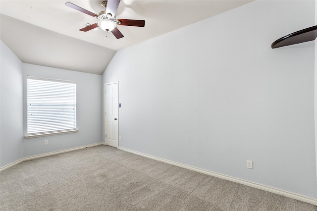 3737 Monica Ln, Fort Worth, TX 76244 - empty room featuring a ceiling fan, light carpet, lofted ceiling, and baseboards