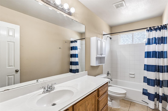 3737 Monica Ln, Fort Worth, TX 76244 - full bathroom with vanity, toilet, shower / bath combo with shower curtain, and tile patterned flooring