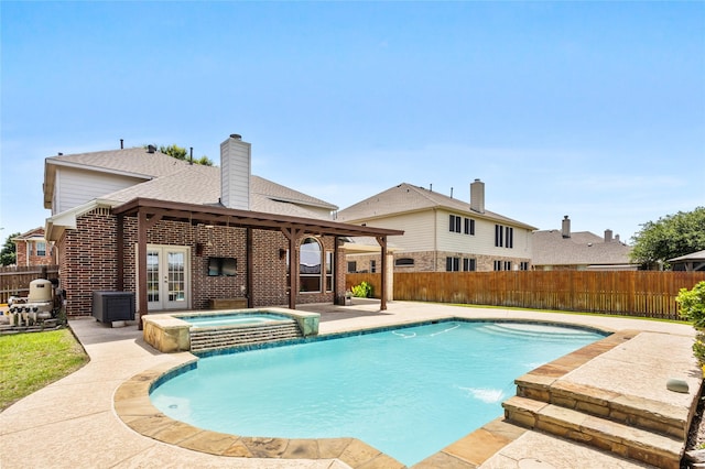 3737 Monica Ln, Fort Worth, TX 76244 - view of pool featuring french doors, a fenced backyard, a patio, and a pool with connected hot tub