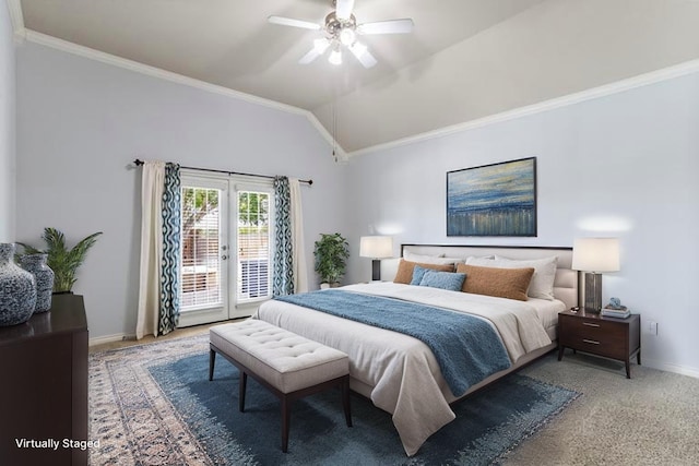 3737 Monica Ln, Fort Worth, TX 76244 - bedroom with access to outside, baseboards, crown molding, carpet floors, and lofted ceiling