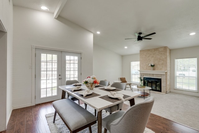 3510 Knoll Point Dr, Garland, TX 75043 - dining space with healthy amount of natural light, a ceiling fan, wood finished floors, recessed lighting, and a fireplace