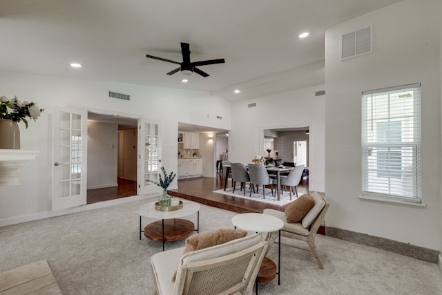 3510 Knoll Point Dr, Garland, TX 75043 - living area with carpet, a ceiling fan, baseboards, vaulted ceiling, and recessed lighting